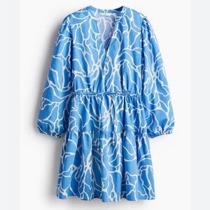 H&M Boho Dress Size Small Blue White Cotton Long Sleeves Drawstring Waist NWT